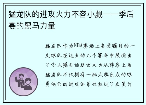 猛龙队的进攻火力不容小觑——季后赛的黑马力量