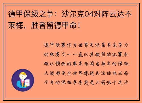 德甲保级之争：沙尔克04对阵云达不莱梅，胜者留德甲命！