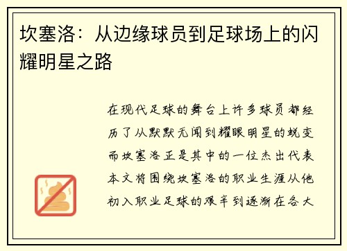 坎塞洛：从边缘球员到足球场上的闪耀明星之路